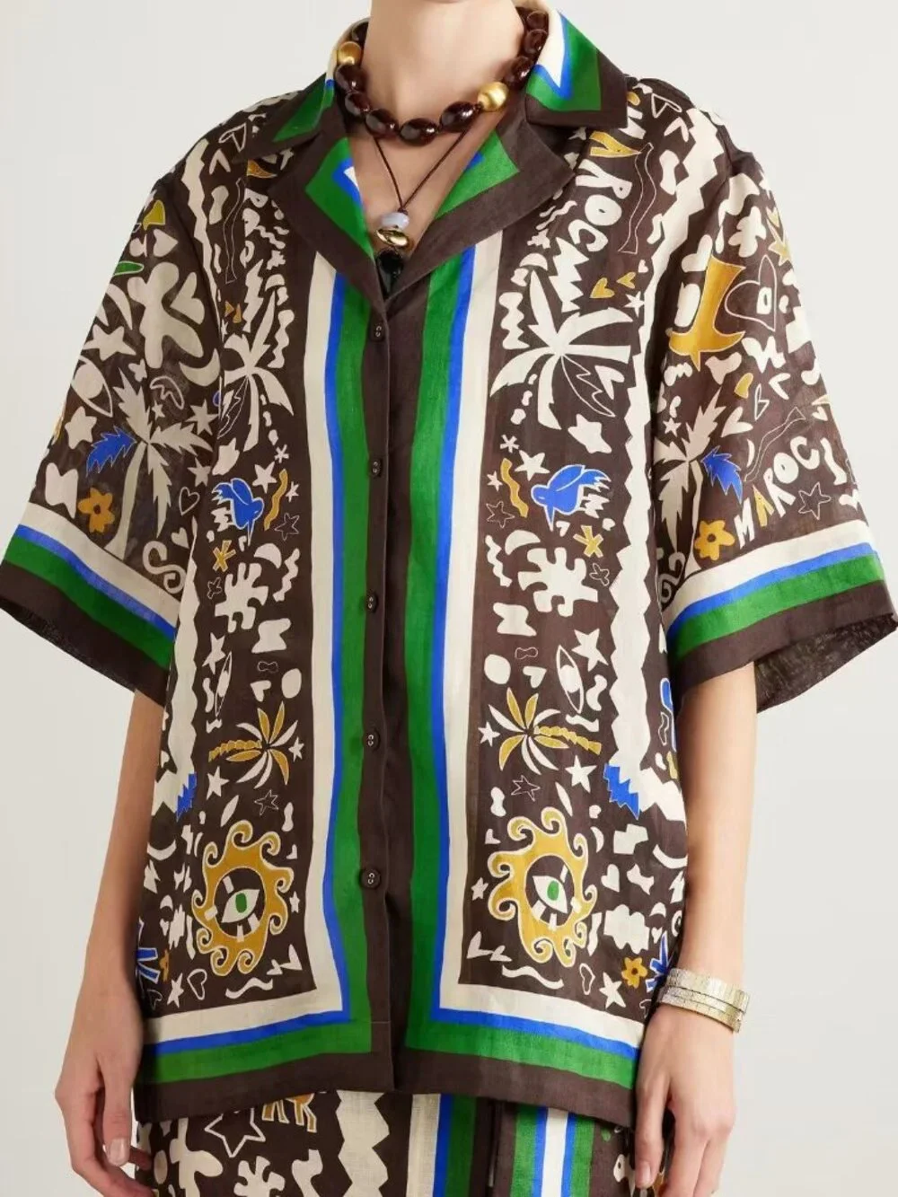 Zimmermann Printed Brown Wrap Skirt and Matching Shirt Set with Green Accents